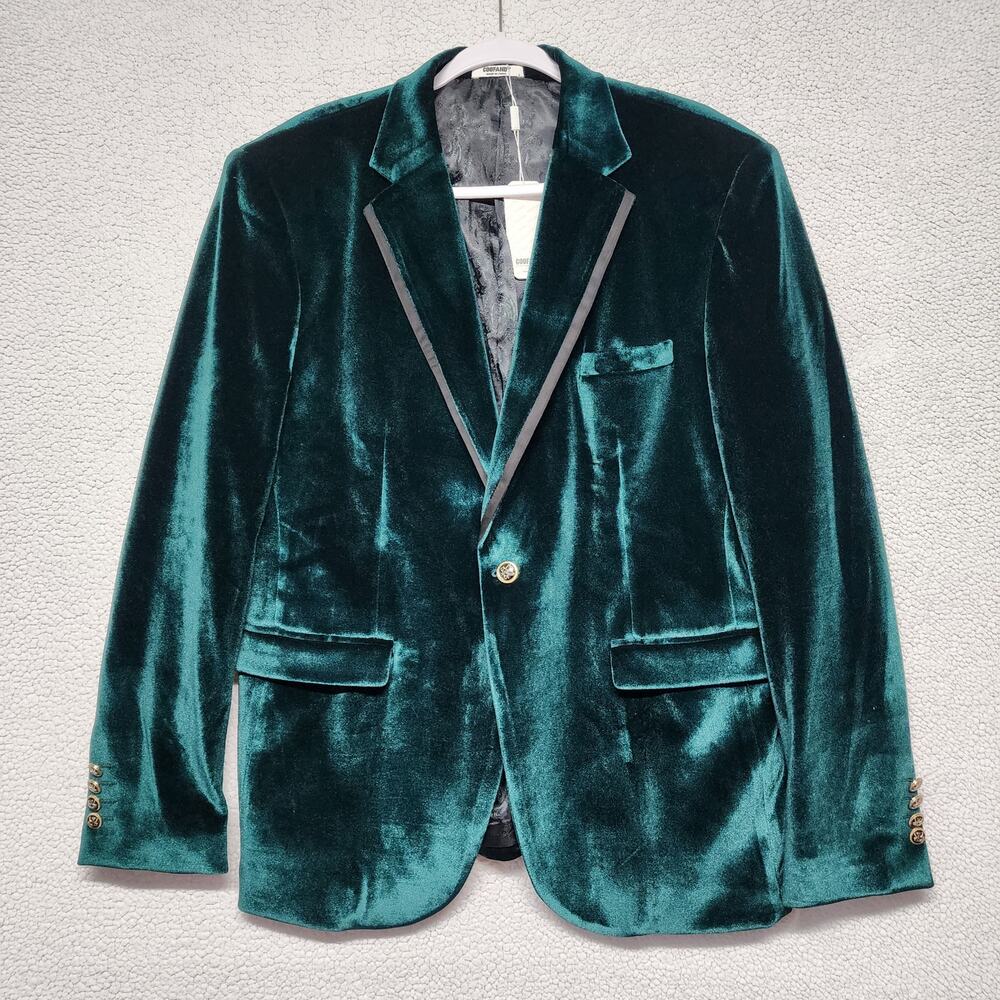 Coofandy Mens Velvet Blazer Size L Green Gold Tone Button Elegant Formal Yacht